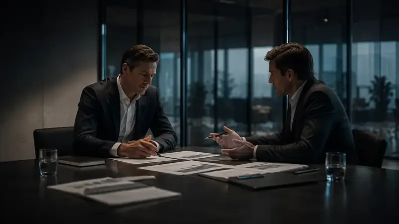 Dois executivos analisam documentos em uma mesa de reunião, com foco em comparação e tomada de decisão.