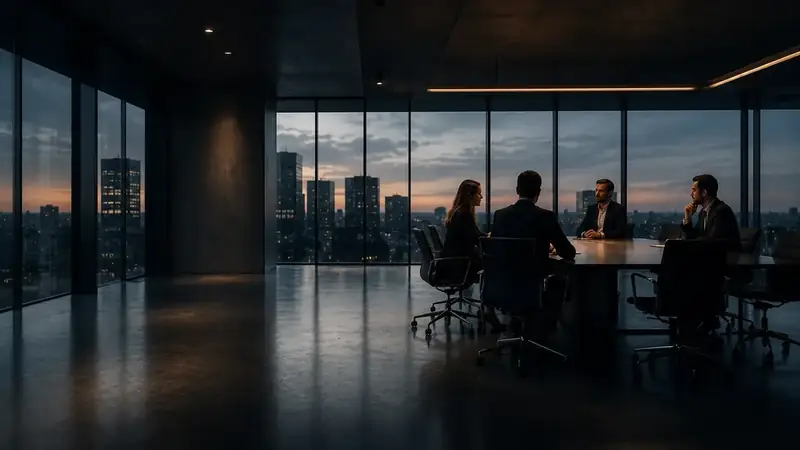 Grupo de executivos reunido ao entardecer em escritório amplo, em uma cena de decisão sobre crescimento e prioridades.