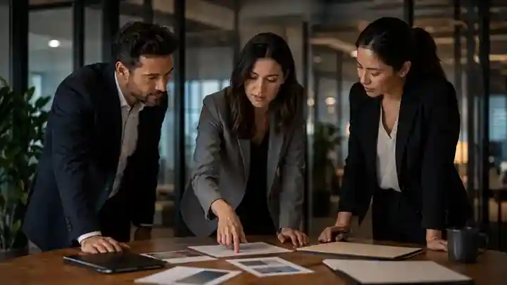 Equipe revisa critérios e alternativas de decisão em uma mesa de trabalho, representando decisioning explicável.