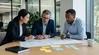 Profissionais revisam um fluxo de decisão e retiram informações excedentes para manter apenas o necessário.