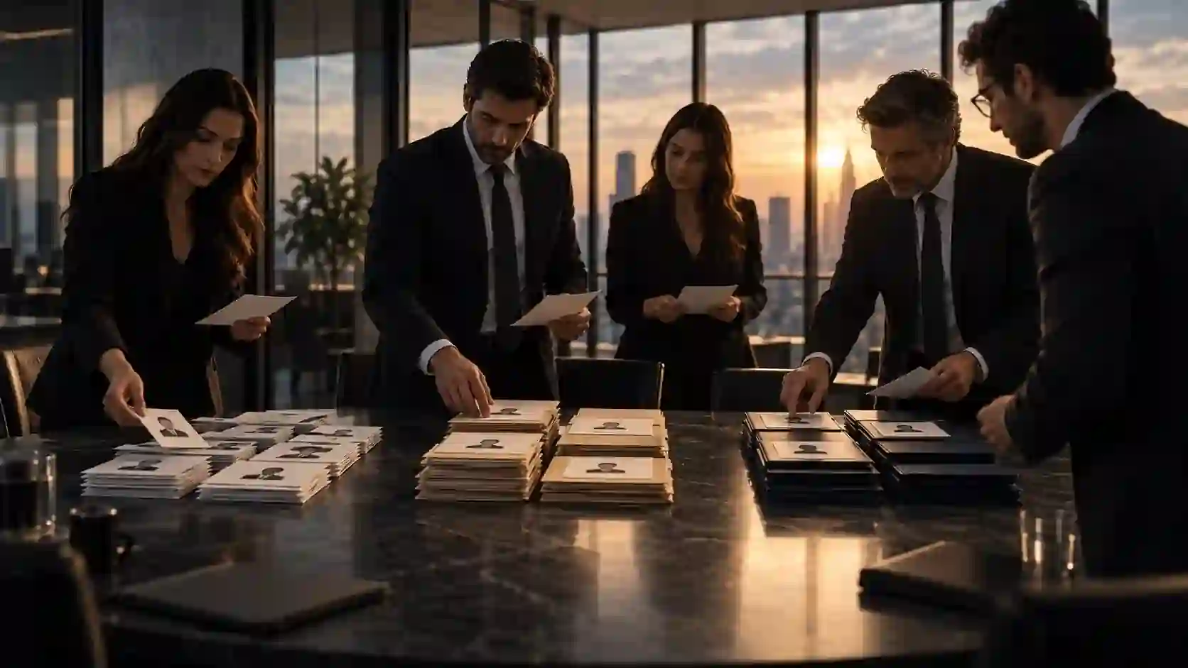 Equipe separa perfis comerciais em grupos distintos sobre uma mesa, representando critérios objetivos para diferenciar lead, oportunidade e cliente.