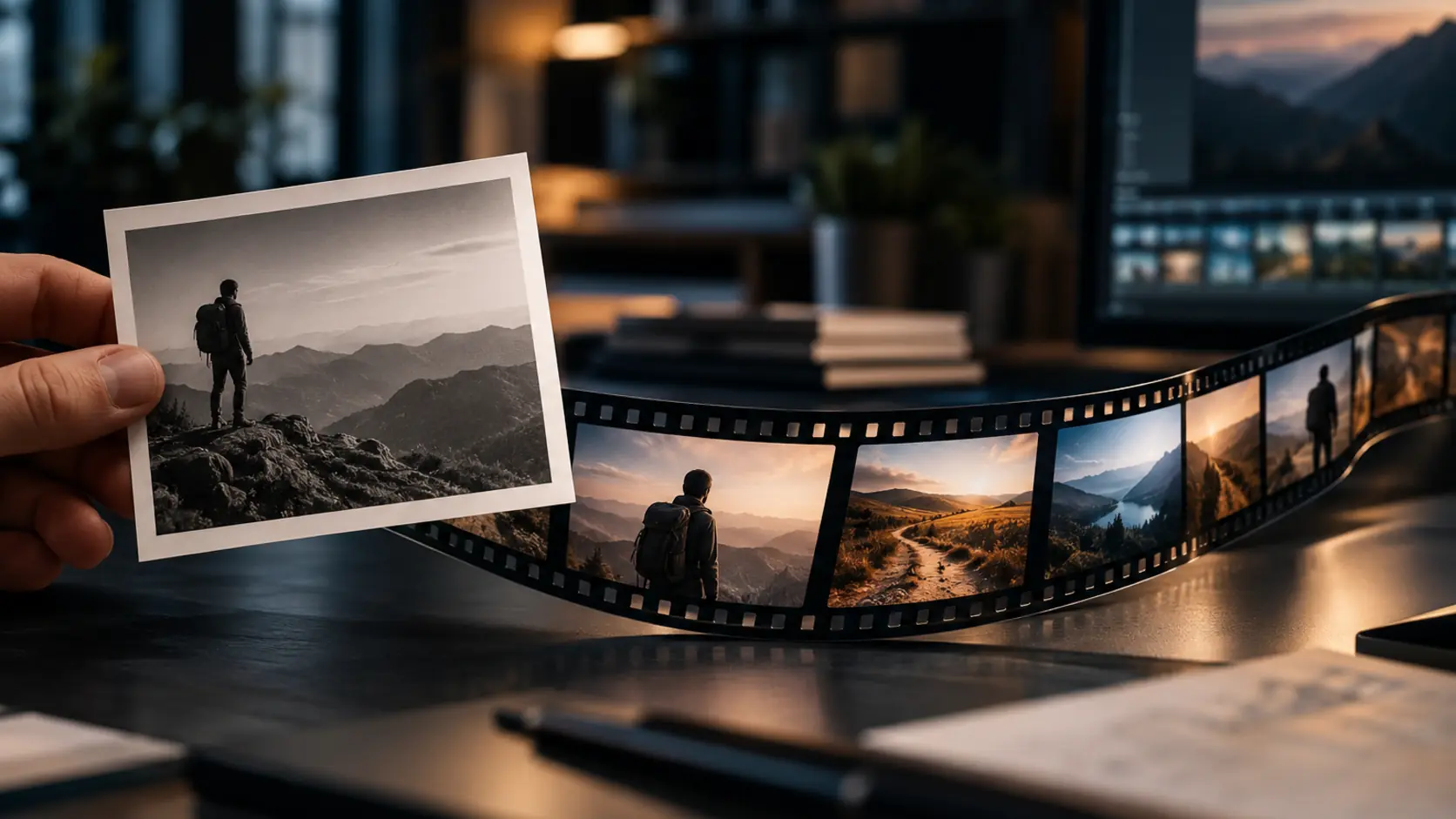 Uma fotografia impressa diante de uma sequência de filme representa a diferença entre um estado pontual e a continuidade de uma relação ao longo do tempo.
