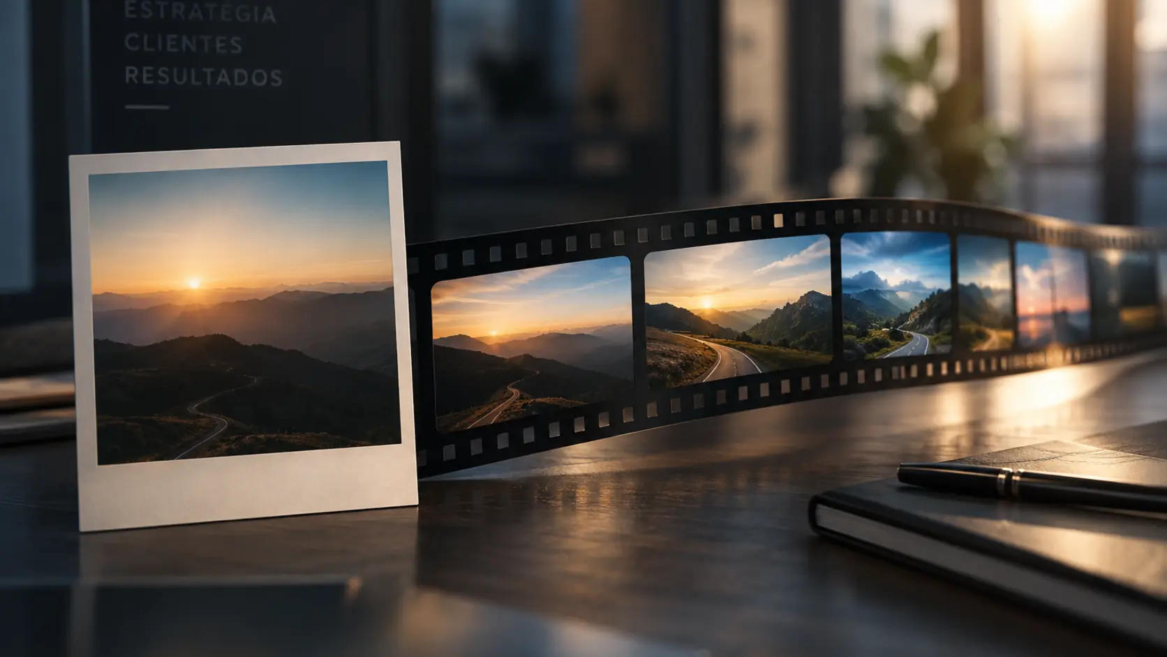 Uma fotografia isolada diante de uma sequência contínua de imagens representa a passagem de um momento comercial para uma relação acompanhada ao longo do tempo.