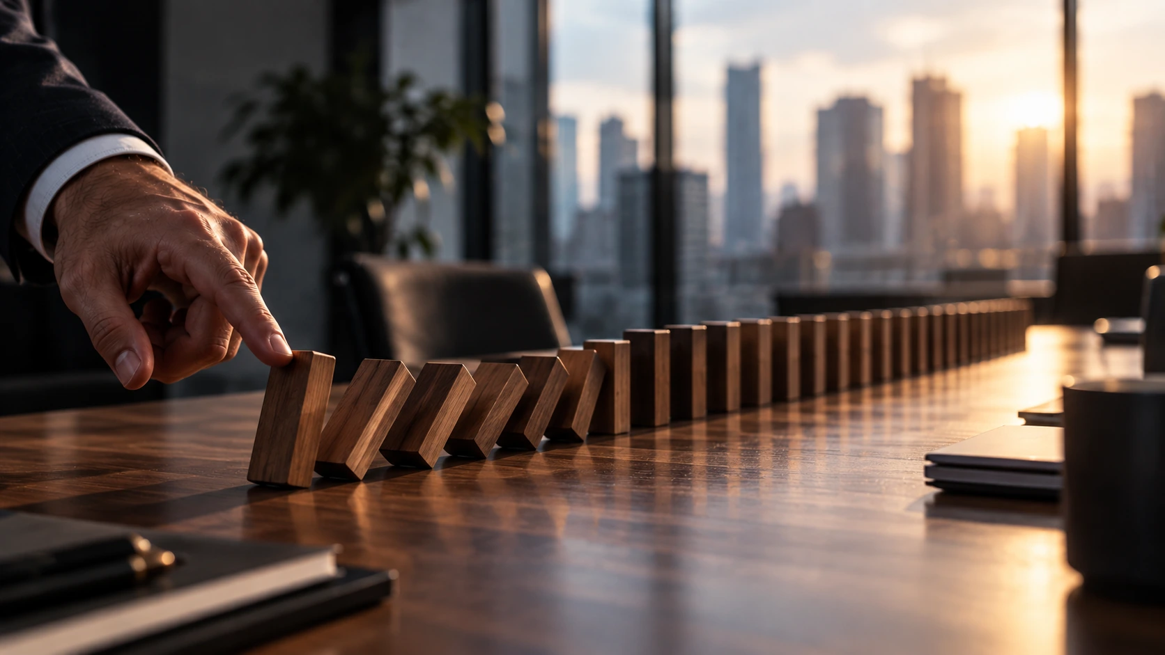 Uma sequência de peças de dominó caindo representa como uma inconsistência pode se propagar por processos e decisões.