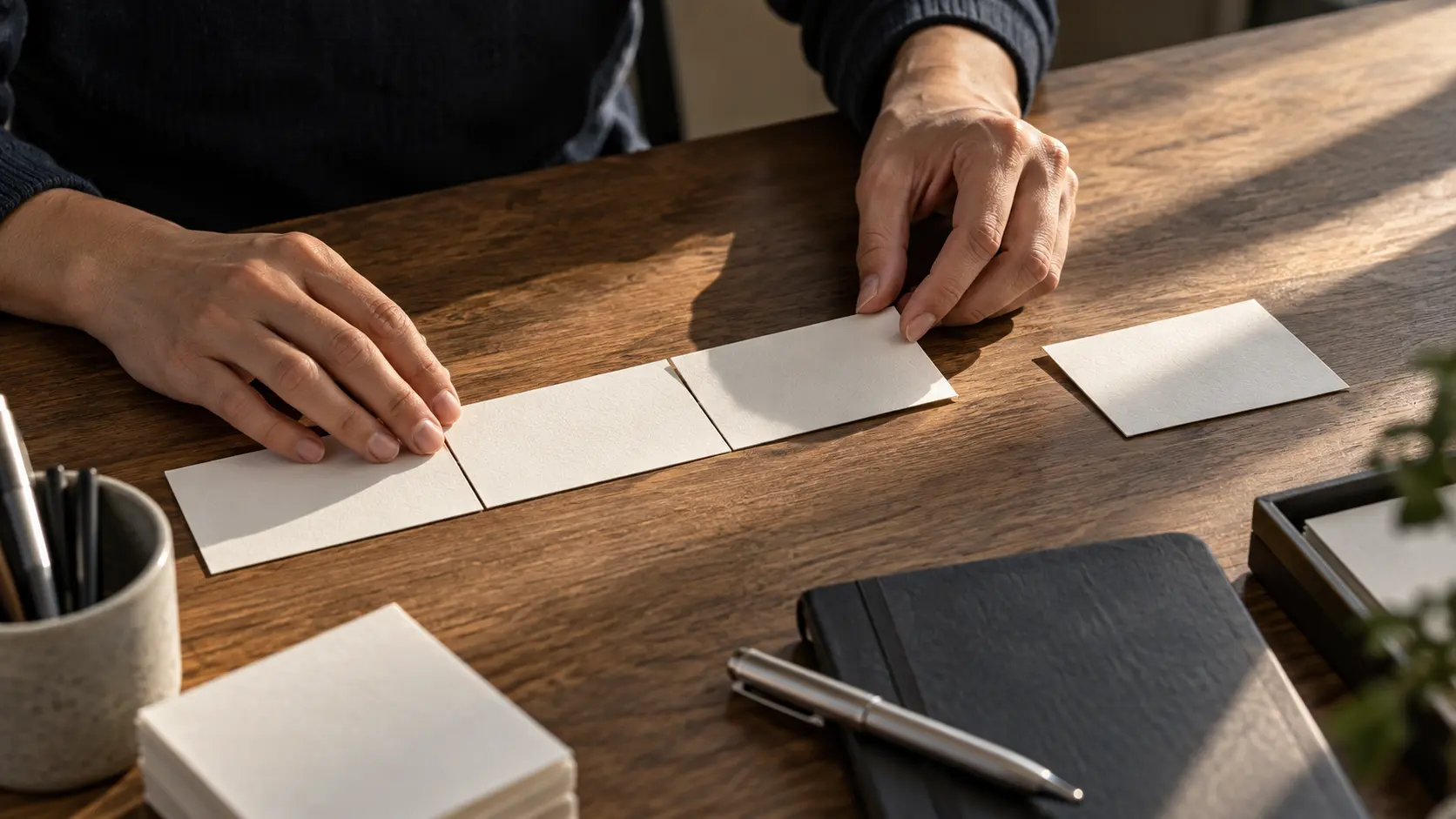 Mãos de uma profissional organizam cartões de papel sem texto em uma sequência cronológica, mantendo uma peça separada para um vínculo ainda não confirmado.