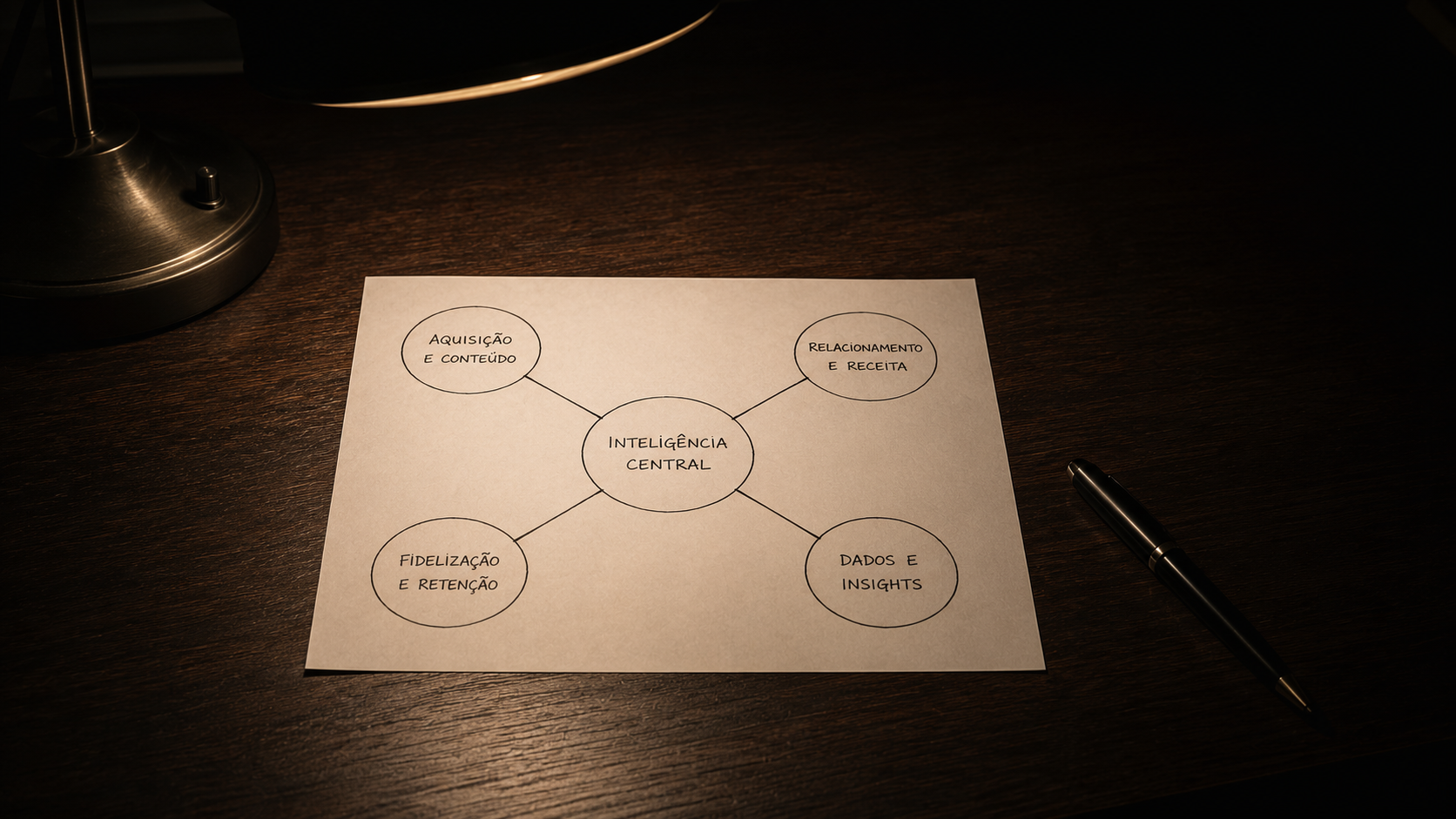 Diagrama de inteligência central conectada a quatro domínios: Aquisição e Conteúdo, Relacionamento e Receita, Fidelização e Retenção, e Dados e Insights