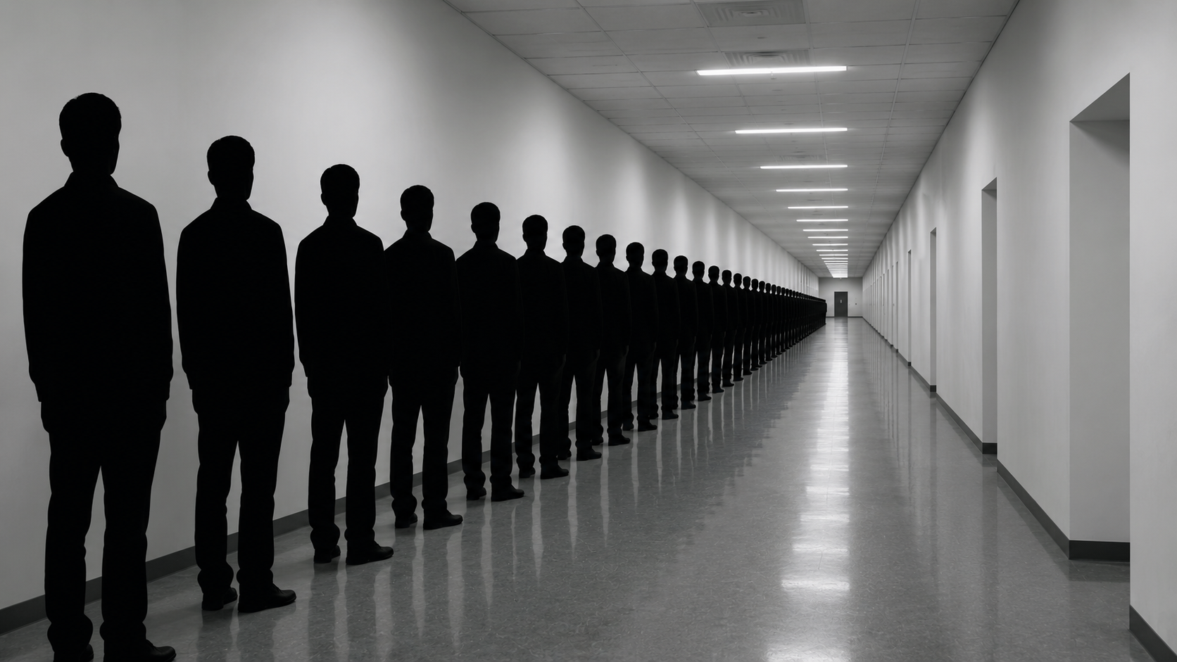 Fileira de silhuetas idênticas, lado a lado, ao longo de um longo corredor — representando uma base de clientes tratada como um grupo uniforme